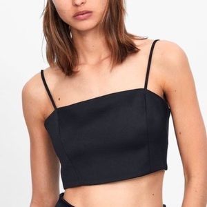 Zara Black Satin Spaghetti Straps Crop Top. Black Satin Crop cami top. Size M